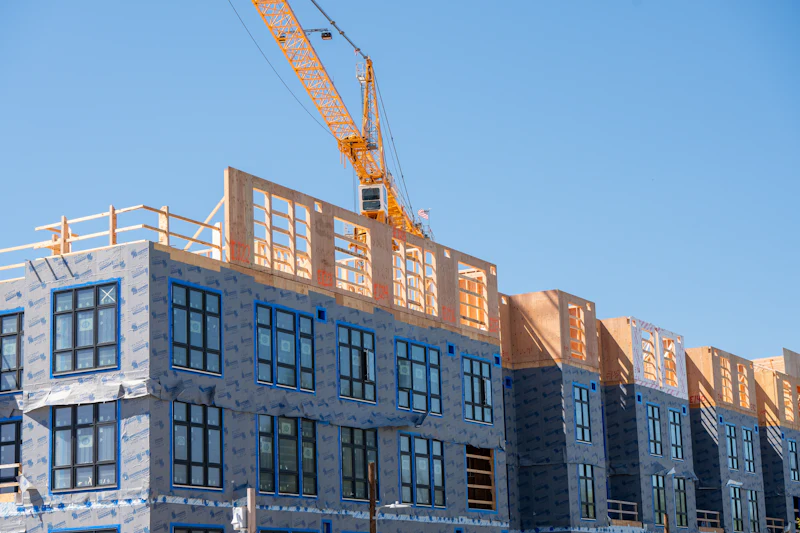Panel-built apartment blocks with a crane overhead