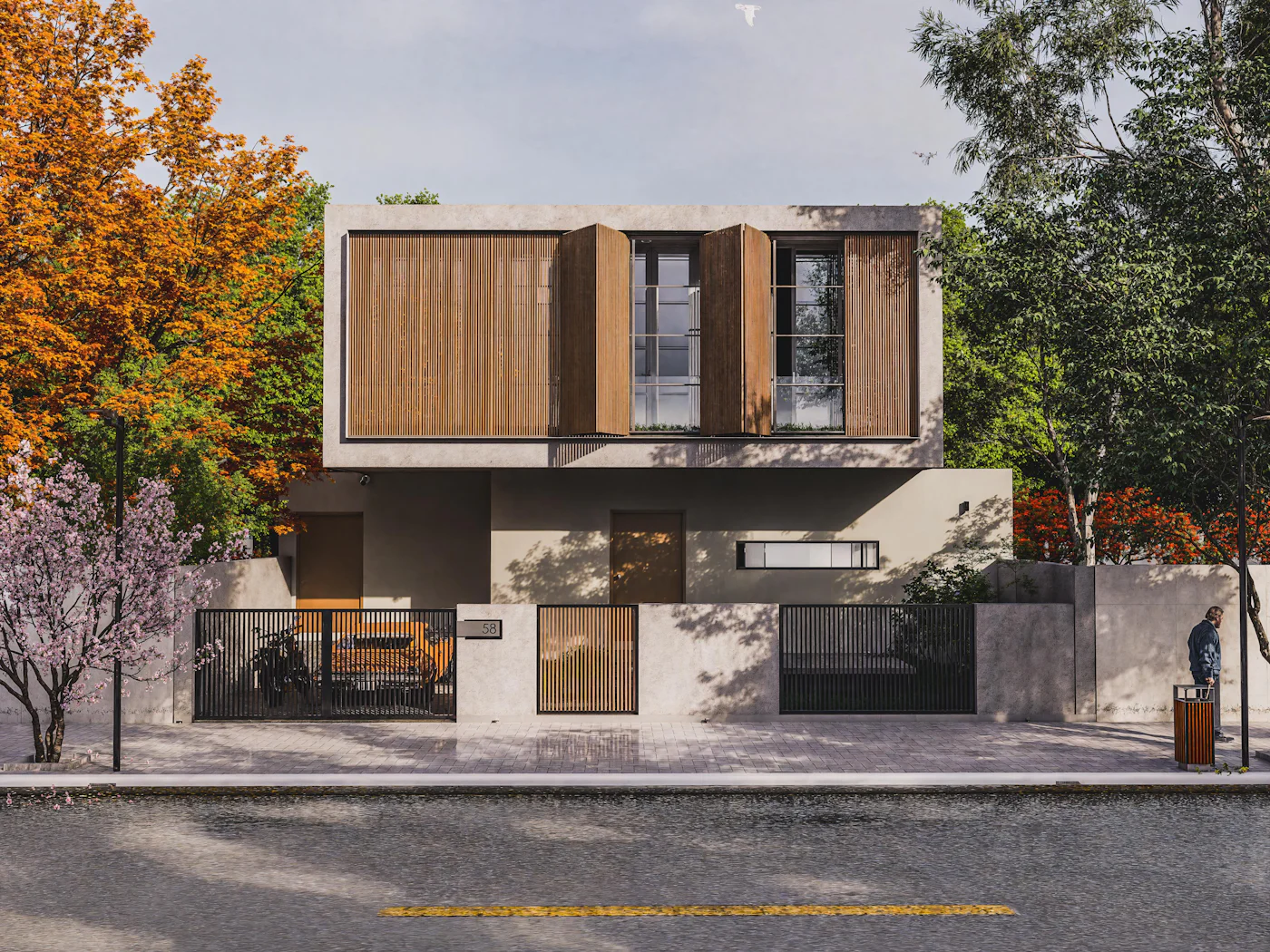 Compact two-storey town house in concrete and timber, behind a low wall