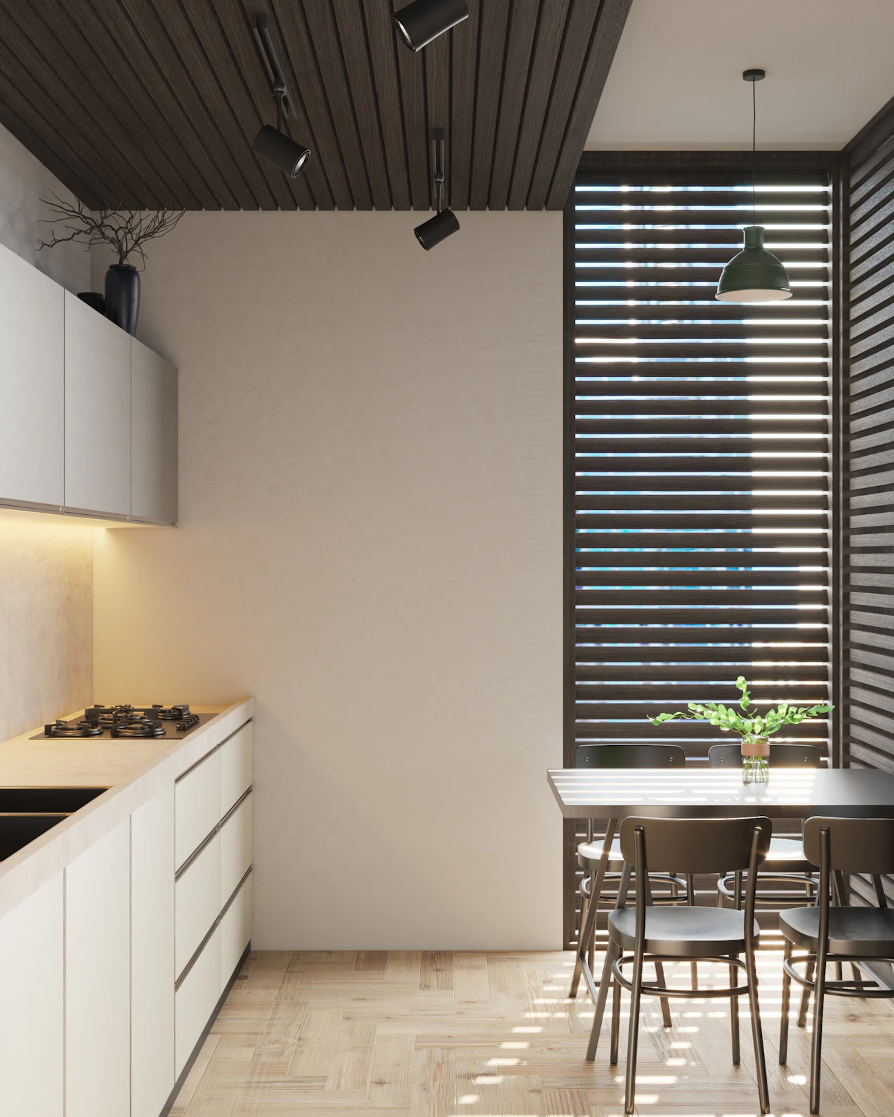 A finished kitchen with pale cabinets, a timber ceiling and a dining table by a tall window