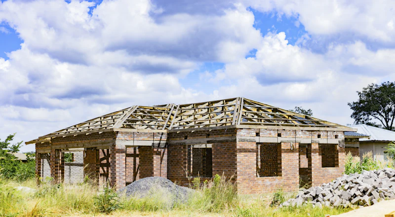 A brick house with its timber roof frame in place